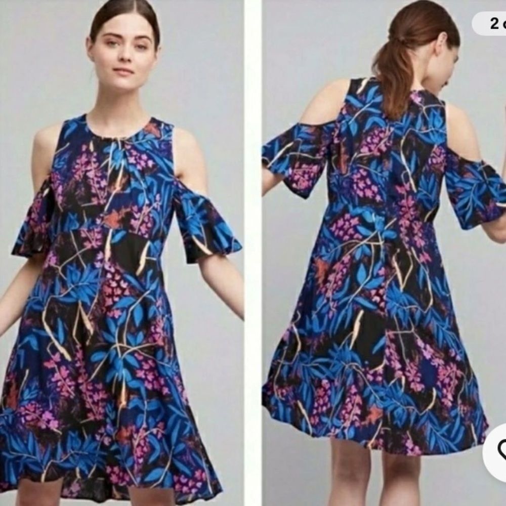 Anthropologies Maeve Cold Shoulder Vibrant Floral Dress in Blue and Pink size 4